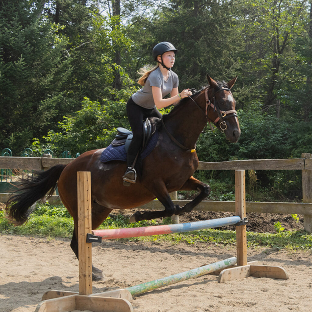 activities at camp arowhon camper on horseback jumping over obstacle